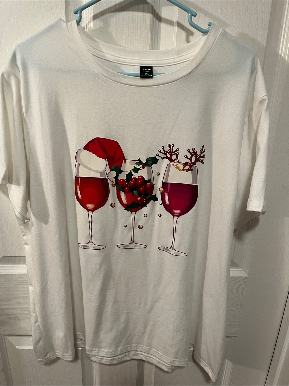 SHEIN White Tee with Festive Red and Green Wine Glasses